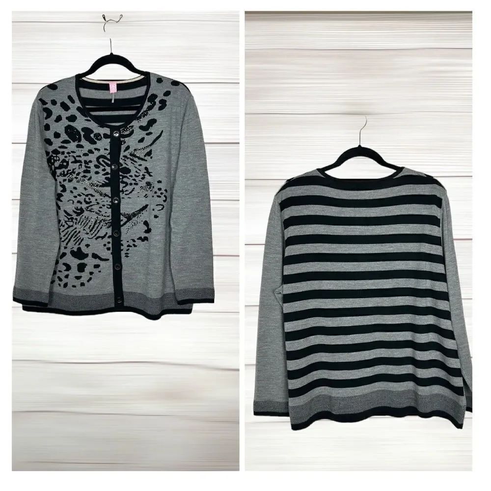 Basler Gray Wool Cardigan Black Print Rhinestones size 50 US 20